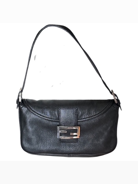 Fendi Handbags - Fendi Black Leather Baguette Shoulder Bag with FF Silver-Tone Logo Clasp